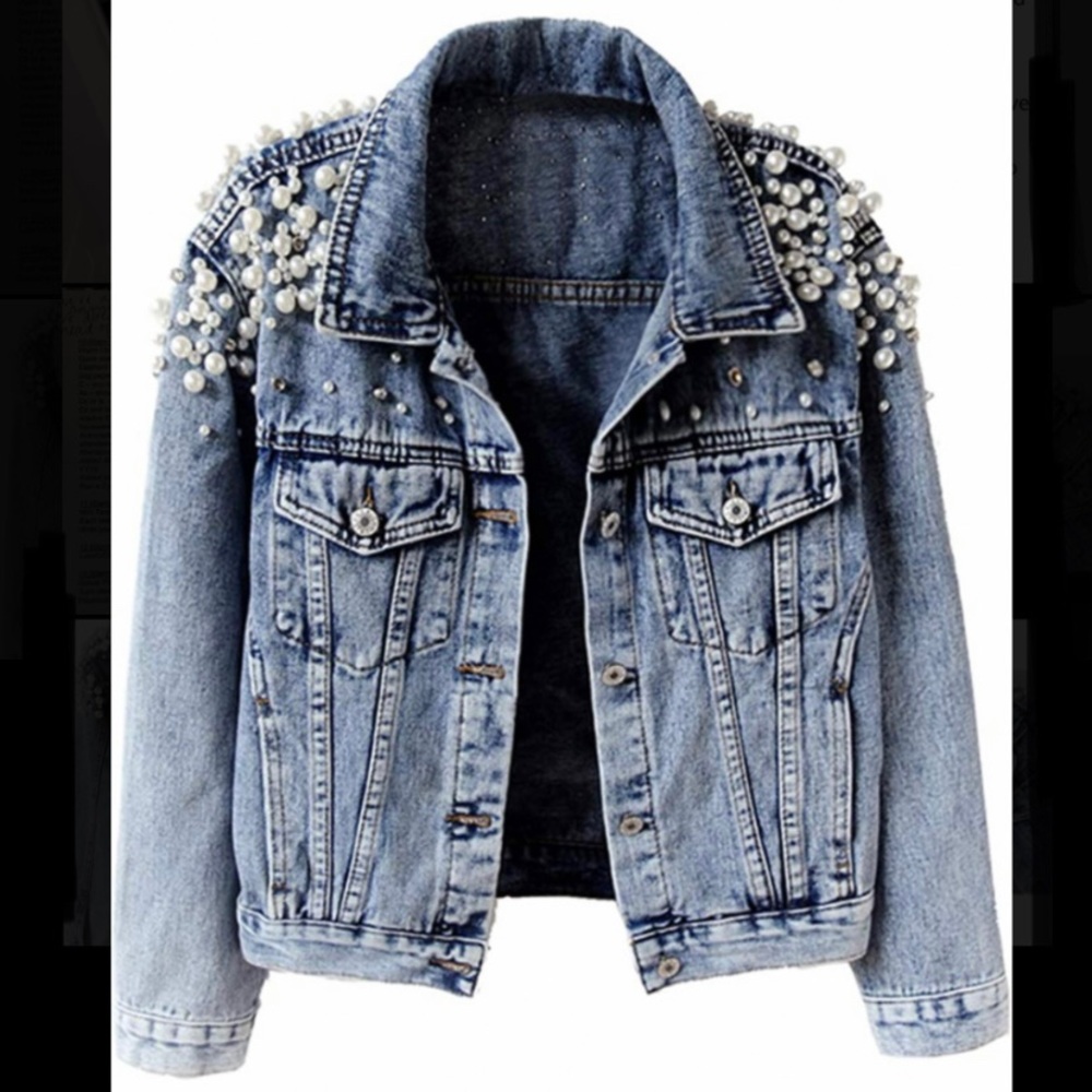 Kedera Pearl and Rhinestone Embellished Jean Jacket